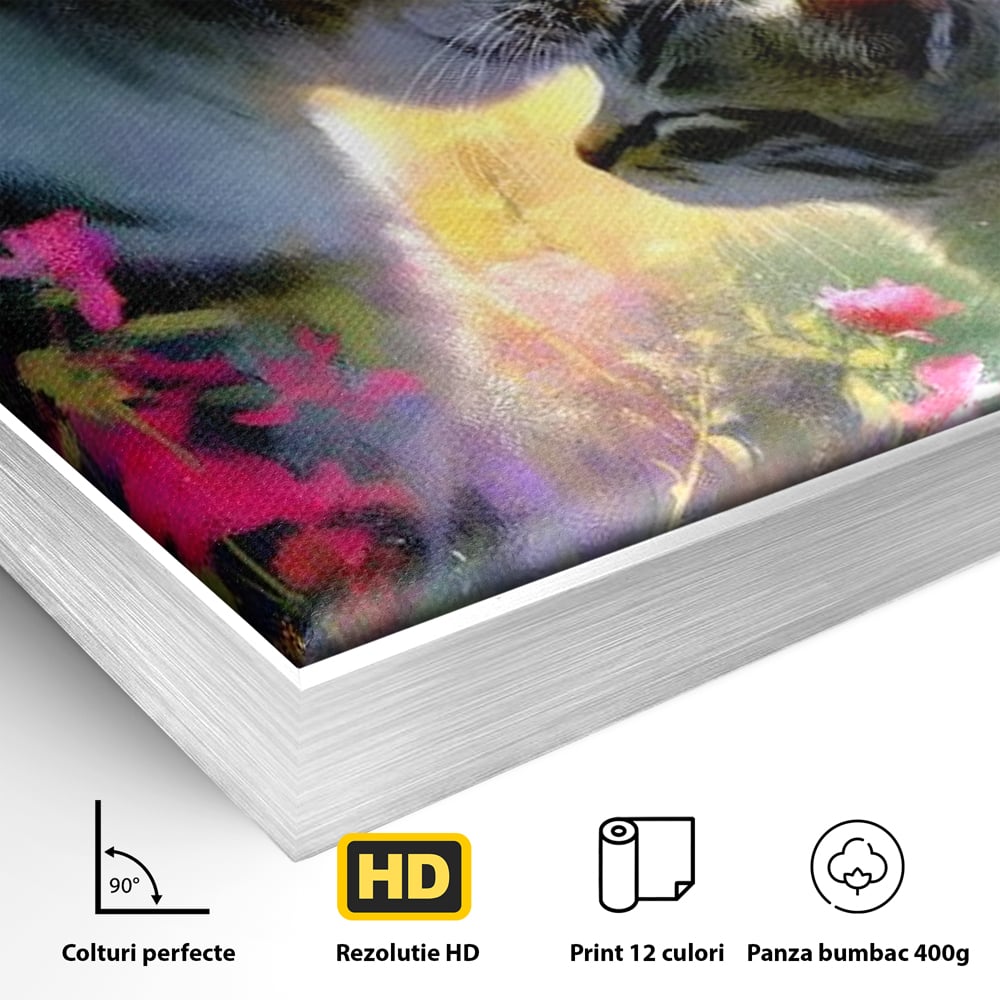 Detaliu al suprafetei: tablou canvas cu pisici mangaite in gradina, in rama de aluminiu argintiu